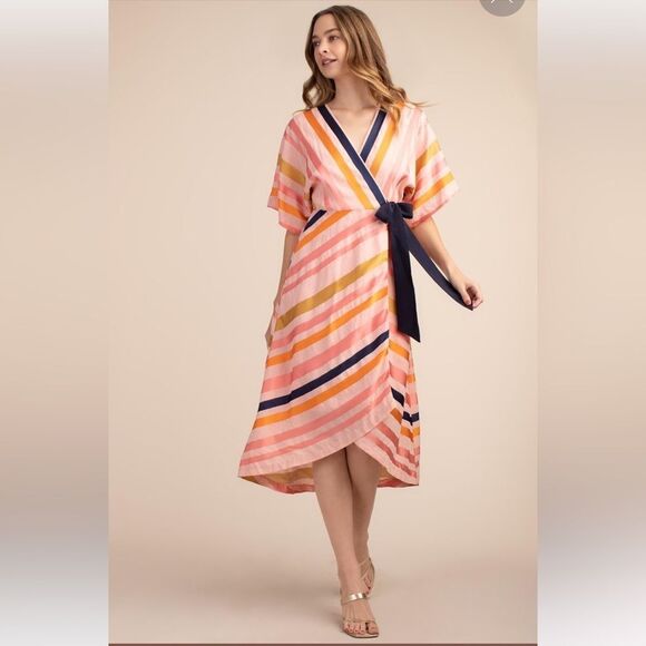 NWT TRINA TURK ENDLESS DRESS Striped Pink and Navy Wrap Dress Size 4 - Picture 1 of 4